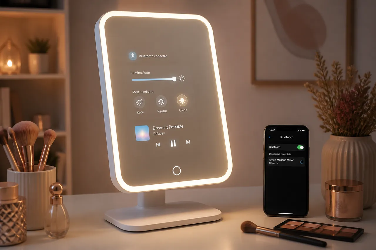 oglindă inteligentă de machiaj cu iluminare LED și conectivitate