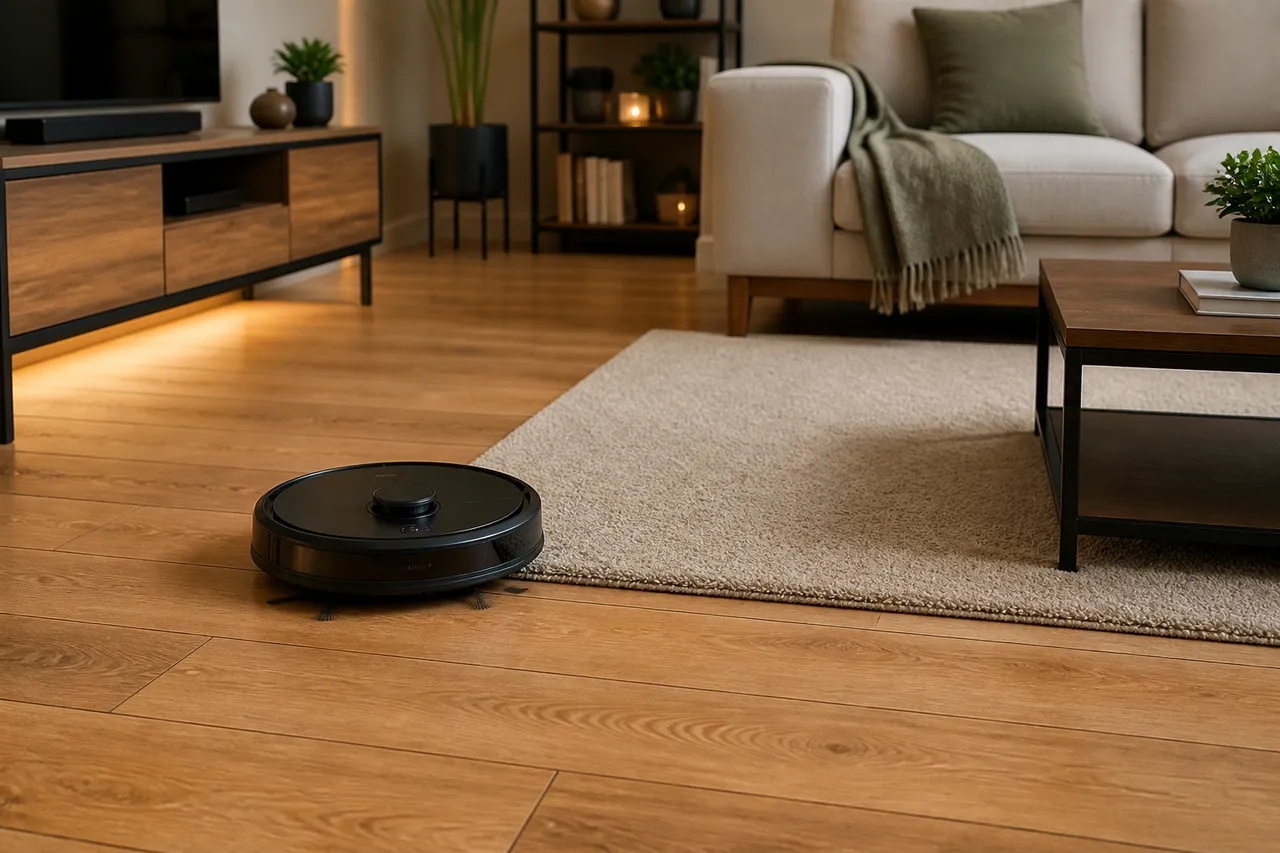 robot aspirator pe podea cu covor și mobilier