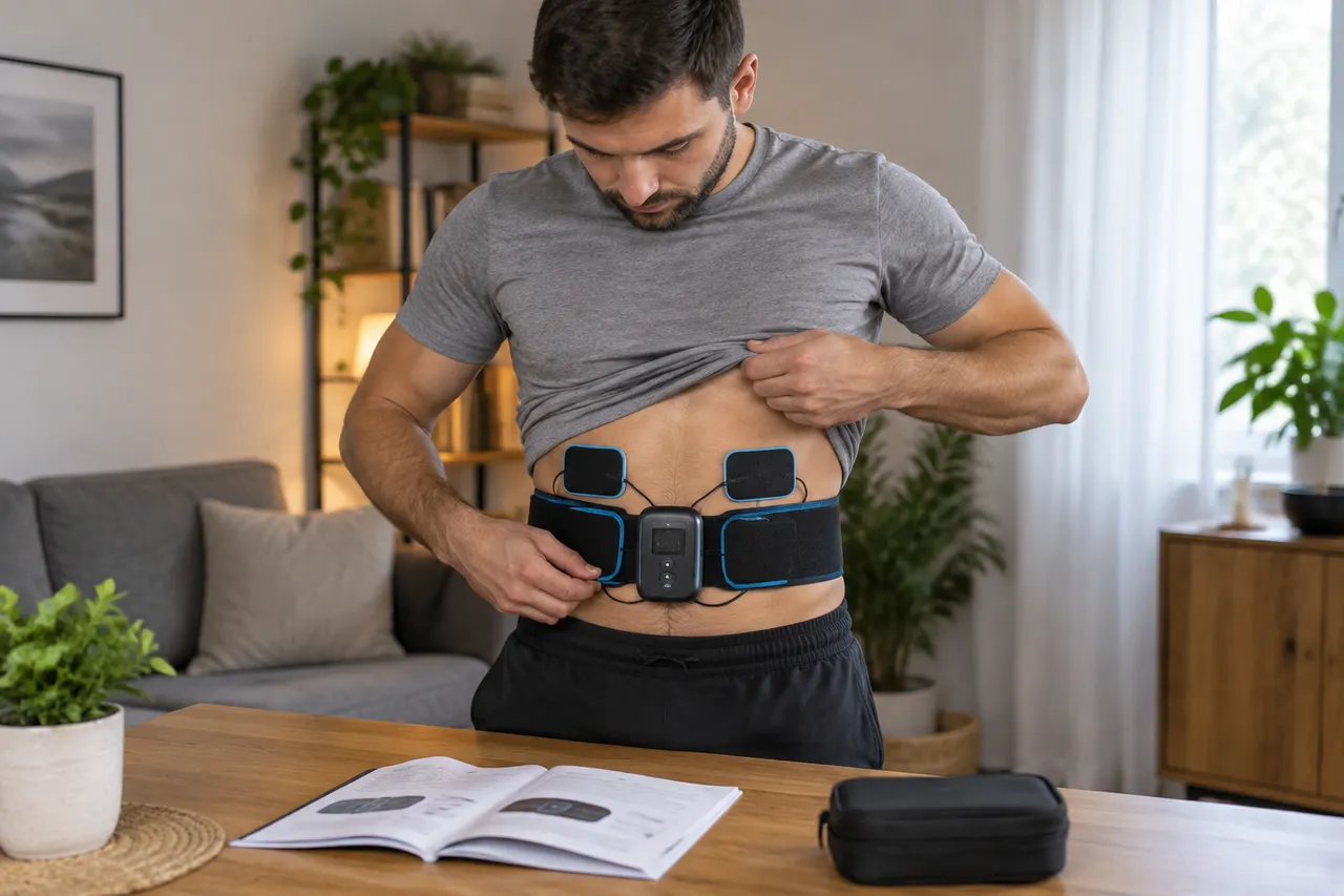centură EMS pentru electrostimulare musculară utilizată corect acasă
